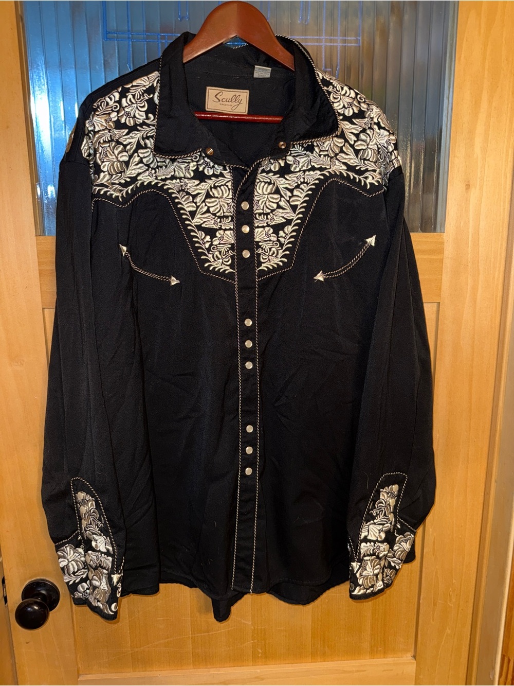 Scully‘s Mens Western Pearl Snap Shirt Black With White Embroidery 4X